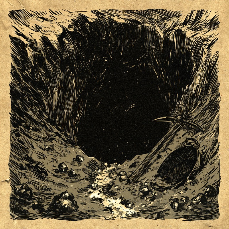 Ink drawing of a pickaxe and an overturned pan of nuggets abandoned at the mouth of a dark tunnel