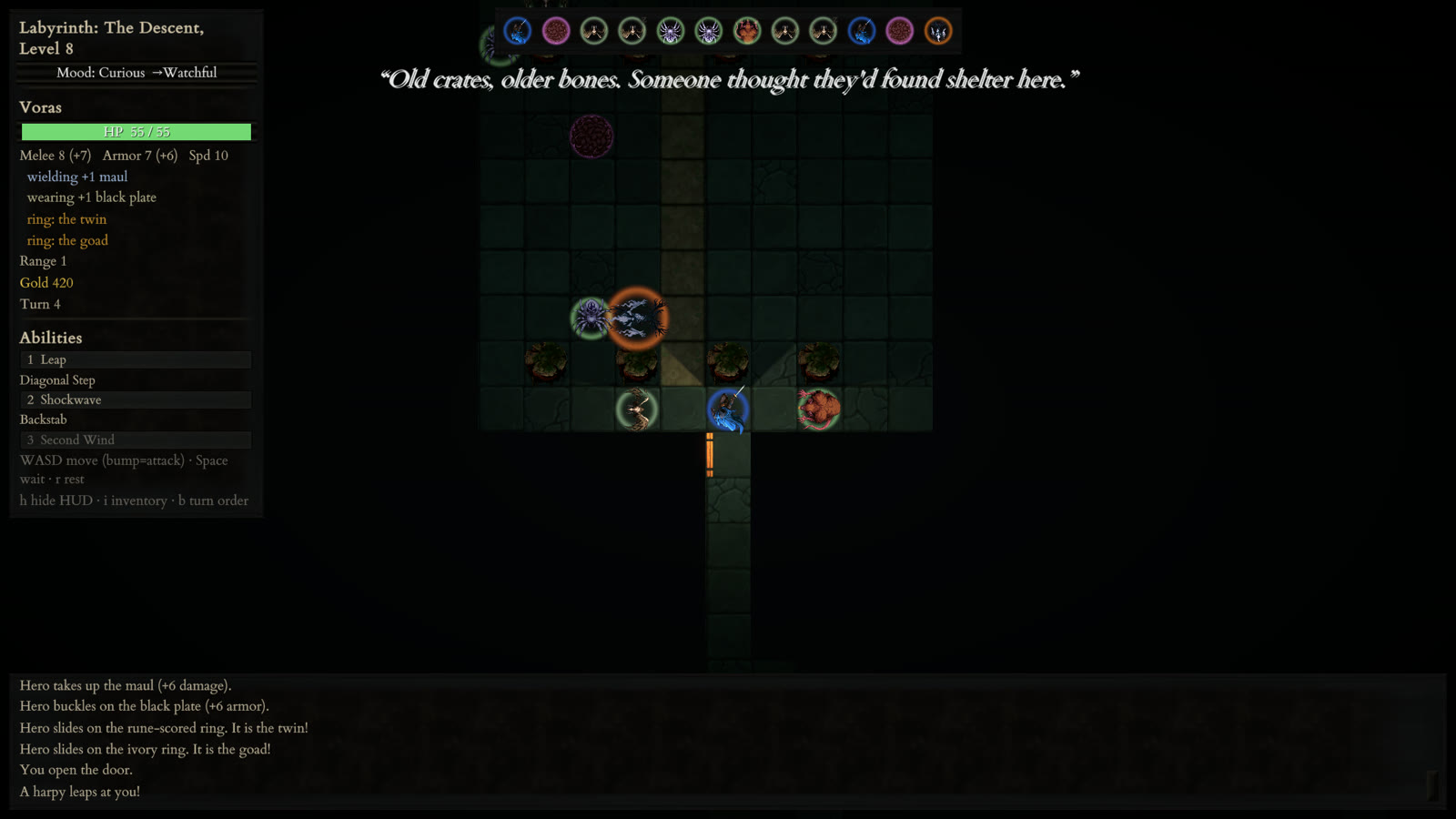 Gameplay on depth 8, the drowned halls: a harpy leaping at the hero across mire tiles, a spider and a dire wolf behind it